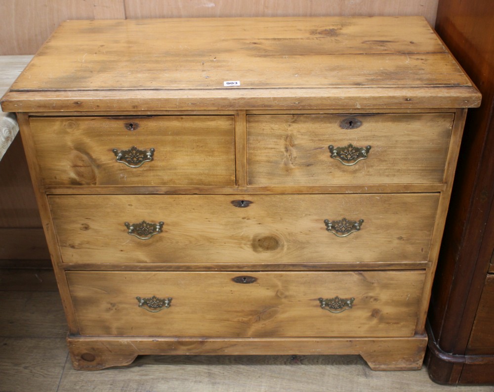 A late Victorian walnut chest of four drawers, W.94cm D.44cm H.80cm